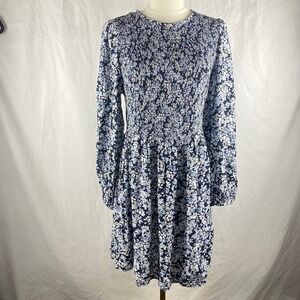 Old Navy Long Sleeve Smocked Black Blue‎ Dress Large Dark Floral Cottage Peasant